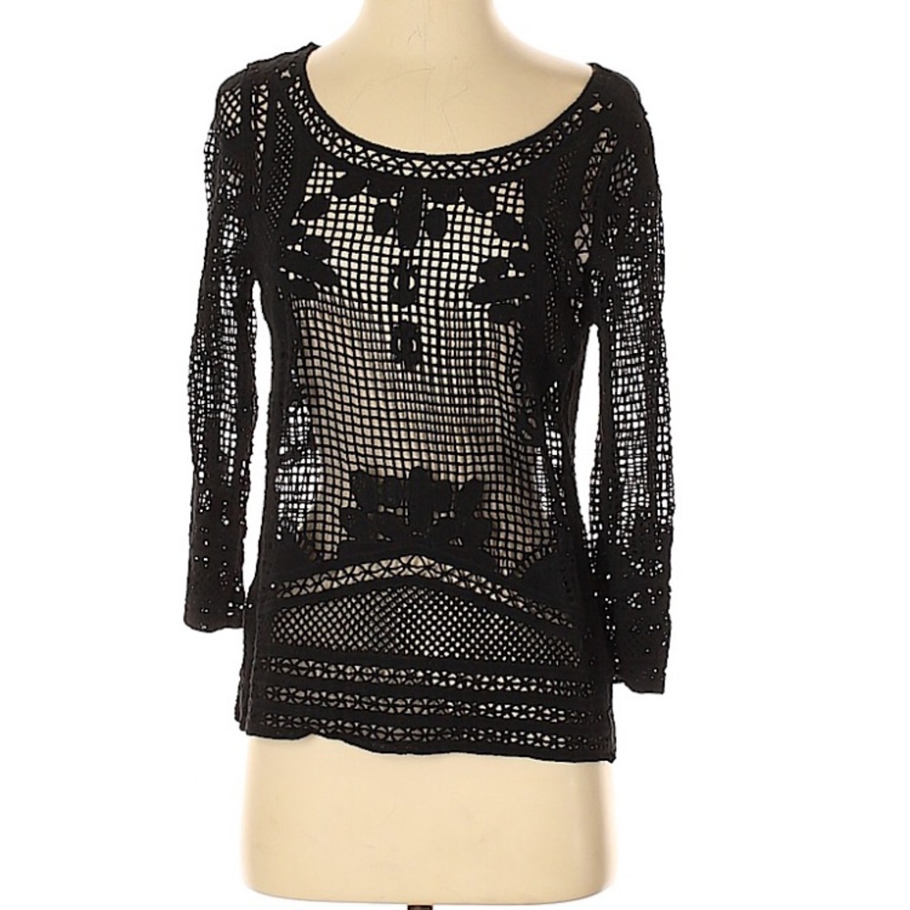 Black cotton open-stitched see through top